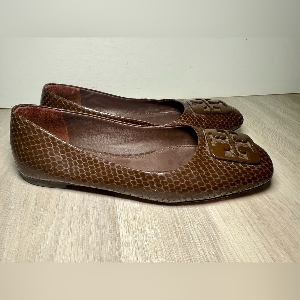 TORY BURCH Square-toe Shiny Snake Ballet Flats In Chocolate brown Sz 5.5M - Picture 4 of 7